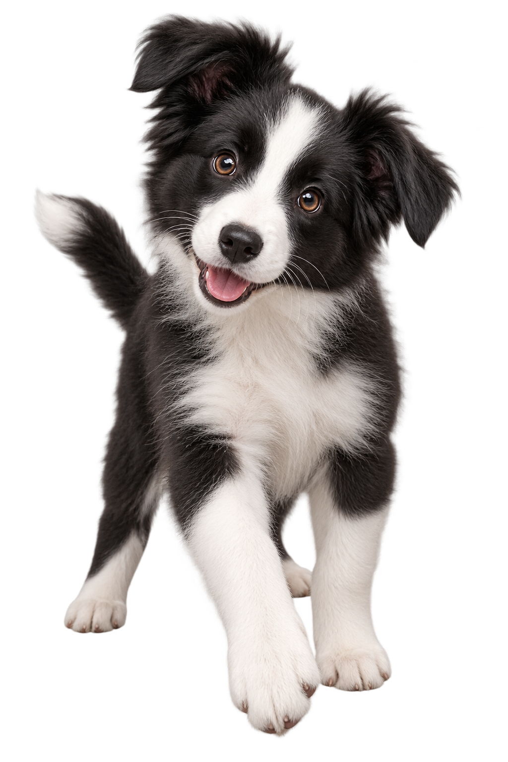 Filhote de Border Collie feliz apontando a patinha para o botão