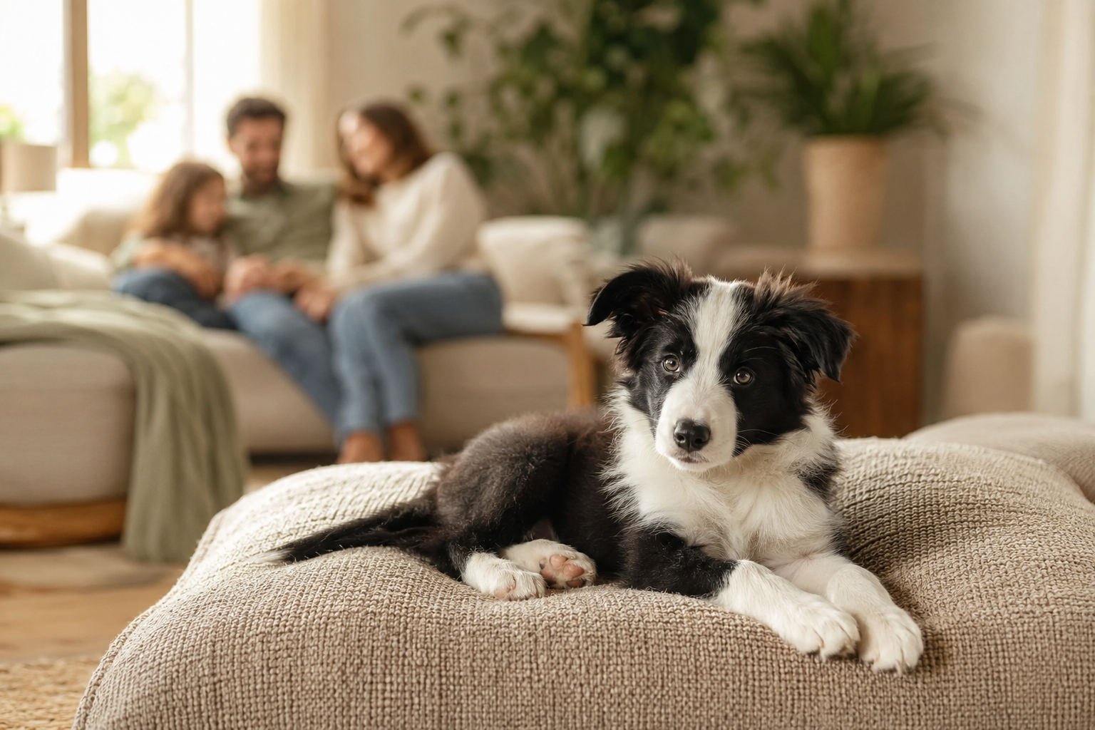 Filhote de Border Collie relaxado em uma casa tranquila com sua família