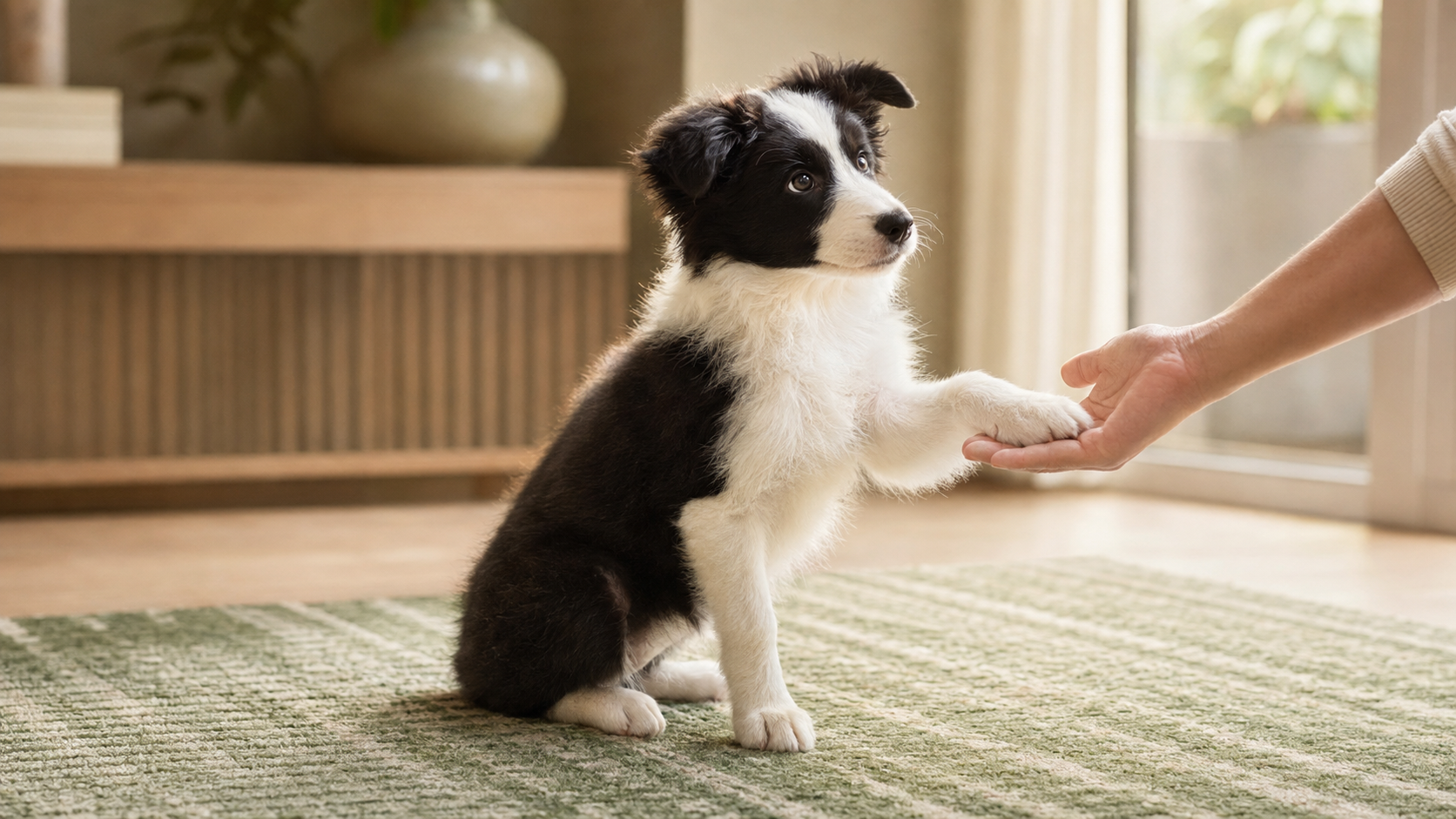 Filhote de Border Collie oferecendo a pata para a mão do tutor